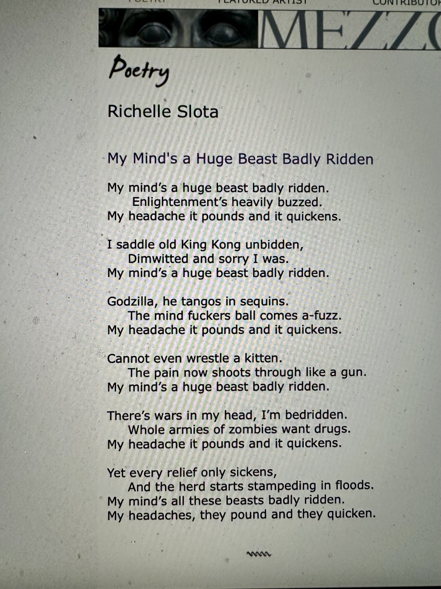 SlotaSl77902's tweet photo. MEZZO CAMMIN published 2 of my poems today, a villanelle, MY MIND'S A HUGE BEAST BADLY RIDDEN, and a sapphics, TRANS SAPPHICS. This last poem will be in my first poetry collection forthcoming from Blue Cedar Press, this fall, LETTERS TO MY DEAD NAME. https://t.co/1x2gb3H55o
