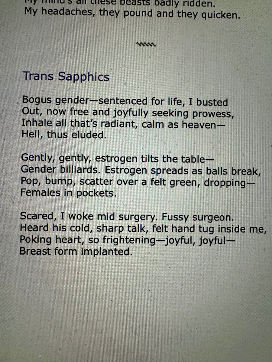 SlotaSl77902's tweet photo. MEZZO CAMMIN published 2 of my poems today, a villanelle, MY MIND'S A HUGE BEAST BADLY RIDDEN, and a sapphics, TRANS SAPPHICS. This last poem will be in my first poetry collection forthcoming from Blue Cedar Press, this fall, LETTERS TO MY DEAD NAME. https://t.co/1x2gb3H55o