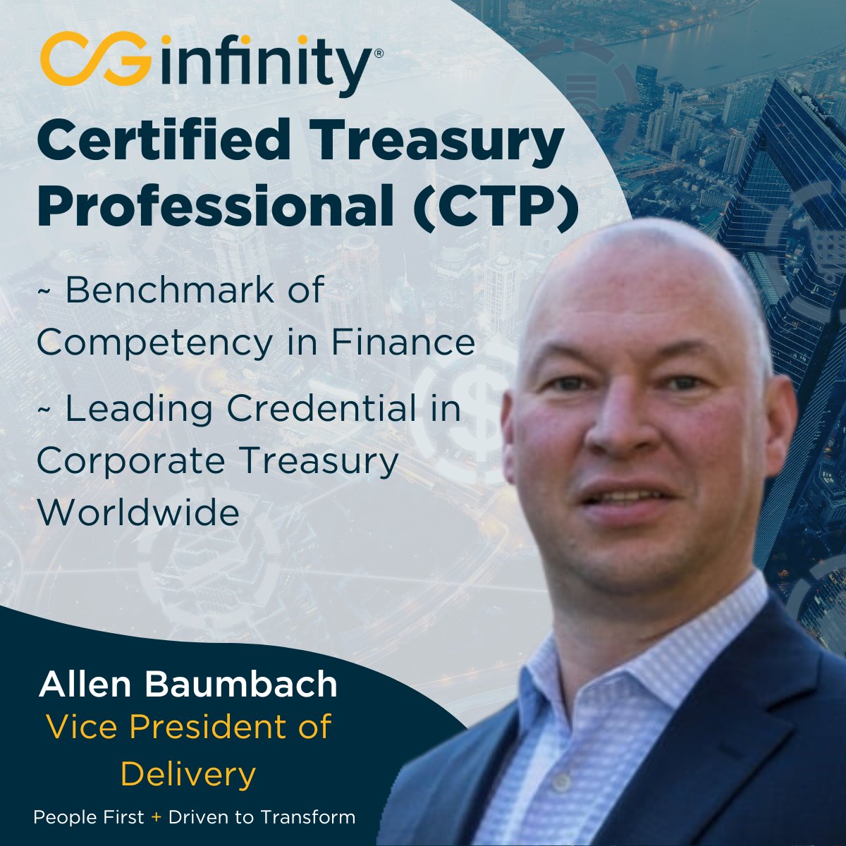 cginfinityinc's tweet photo. We're excited to highlight our financial services team member, Allen Baumbach, VP of Delivery at CG Infinity. Allen has been with CG Infinity for 3 years with over 18 years of banking experience. On top of being CTP Certified, Allen also enjoys specializing in Project Management! https://t.co/mYqNyvp57z