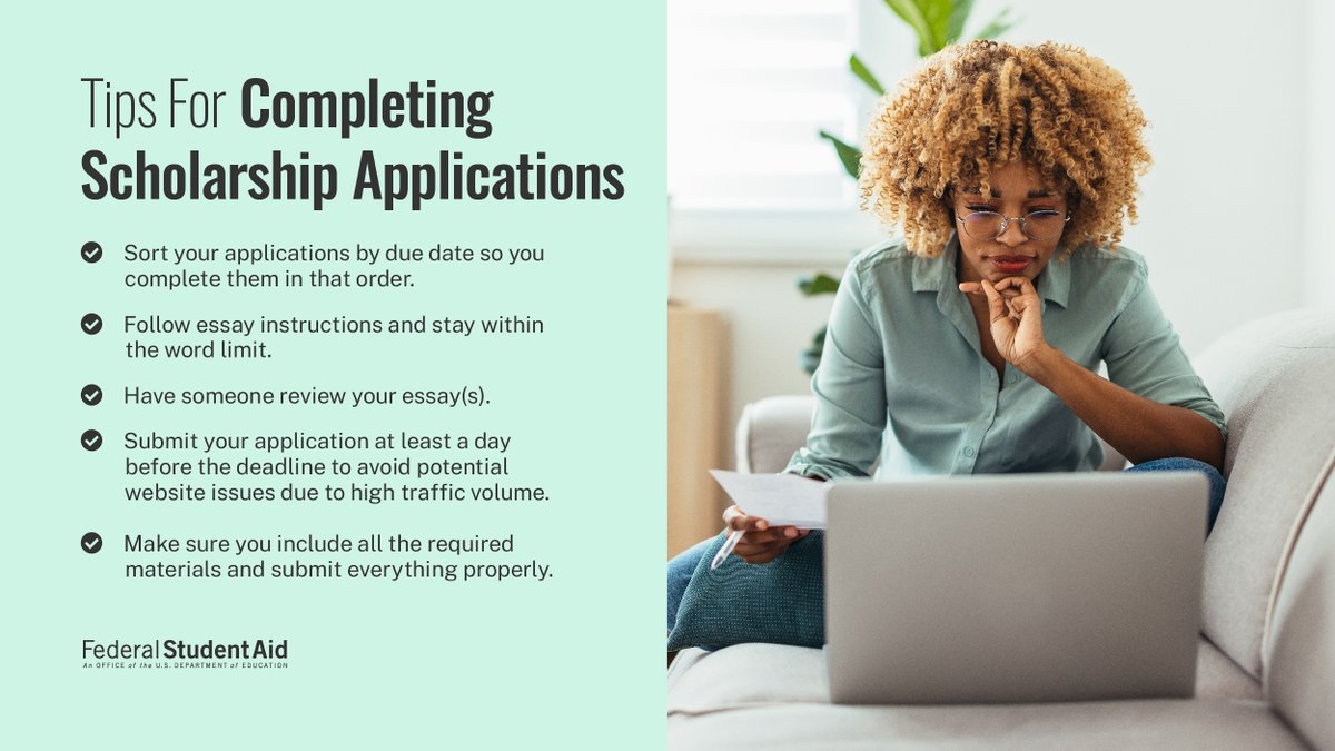FAFSA's tweet photo. Scholarships are a type of student aid that don’t need to be repaid and come from so many different places, from local organizations to the national level.​

Keep these tips in mind as you complete your applications. 👇 https://t.co/itQiTc2qXl