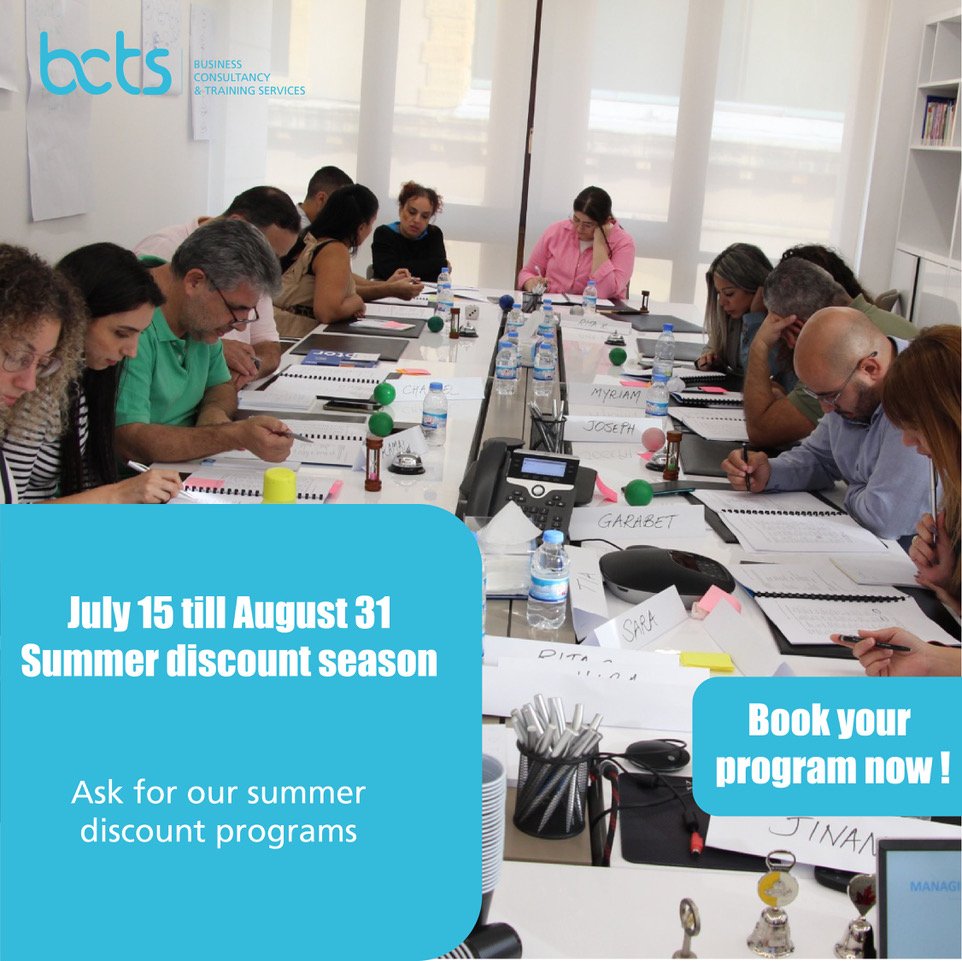 Book your training program now and get a special discount for this summer! 
Benefit from this opportunity and empower your skills.
Call us for further information:
+961 3 169240
+961 76116643

#BCTS #BCTSLebanon #Empowerment #Growth #PersonalGrowth #SelfDevelopment #Workshops