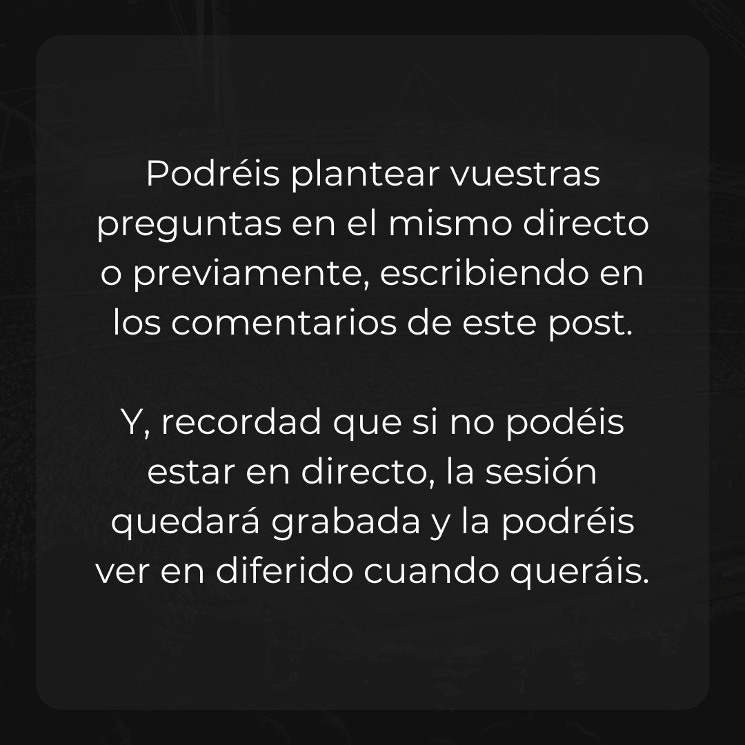 Psicos del Deporte (@psicos_deporte) on Twitter photo El martes 23 julio disfrutaremos de la sesión con Mar Rovira (<a href="/puppysta1975/">Mar Rovira</a>), que dará respuesta a todas nuestras preguntas sobre el trabajo psicológico en fútbol profesional.
¡Animaros a plantear preguntas!
🗓Martes 23/07
🕕18:00 (hora ESP peninsular)
📍psicosdeldeporte.com/unirme El martes 23 julio disfrutaremos de la sesión con Mar Rovira (<a href="/puppysta1975/">Mar Rovira</a>), que dará respuesta a todas nuestras preguntas sobre el trabajo psicológico en fútbol profesional.
¡Animaros a plantear preguntas!
🗓Martes 23/07
🕕18:00 (hora ESP peninsular)
📍psicosdeldeporte.com/unirme