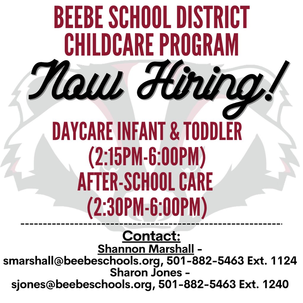 Beebe_Schools's tweet photo. Beebe Childare Program is hiring now for afternoon shifts! Current openings include: 
-Afternoon Daycare Worker (Infant and Toddler Rooms): 2:15-6:00pm
-After School Care (School Aged Children): 2:30-6:00pm
Applicants must be 18 or older! #BPRD https://t.co/bjpMuChjfV