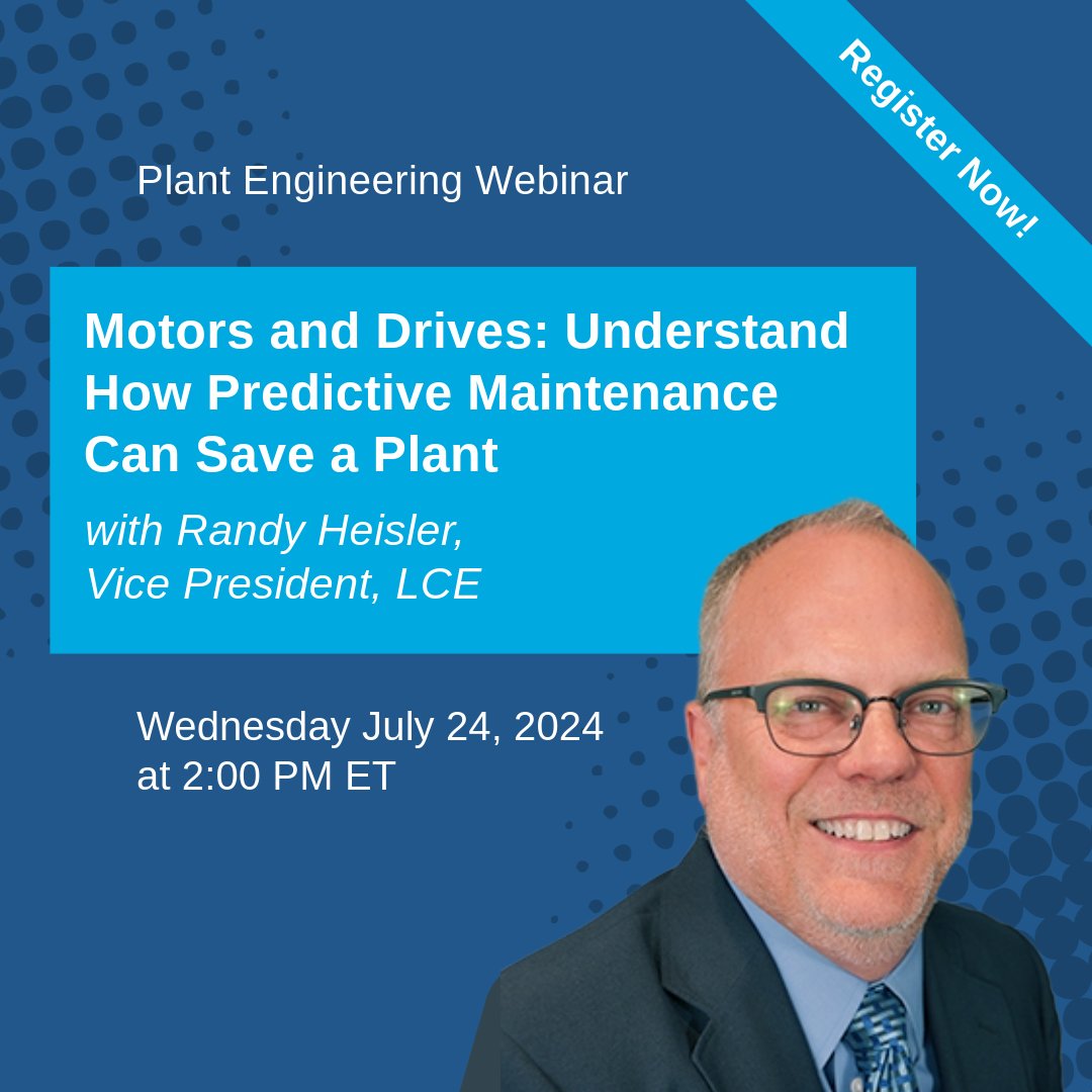 LCE_Today's tweet image. 🚀 &quot;Rev Up&quot; Your Reliability! Join Randy Heisler’s webinar: “Motors and Drives: Predictive Maintenance for Plant Efficiency.&quot;

Learn how PdM technology can prevent costly downtime, boost productivity, and enhance safety. Sign up today!

okt.to/HBU7ej

#PlantEngineering