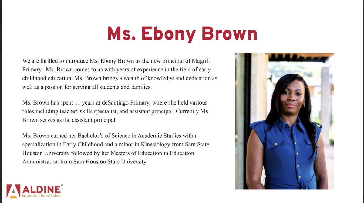Ms. Ebony Brown has been selected as the new principal of Magrill Primary! We look forward to your leadership in your new role! <a href="/AldineISD/">Aldine ISD</a> <a href="/Magrill_AISD/">Magrill Primary School</a> <a href="/drgoffney/">Dr. LaTonya M. Goffney</a> <a href="/RayMondragon/">Ray A. Mondragon</a>