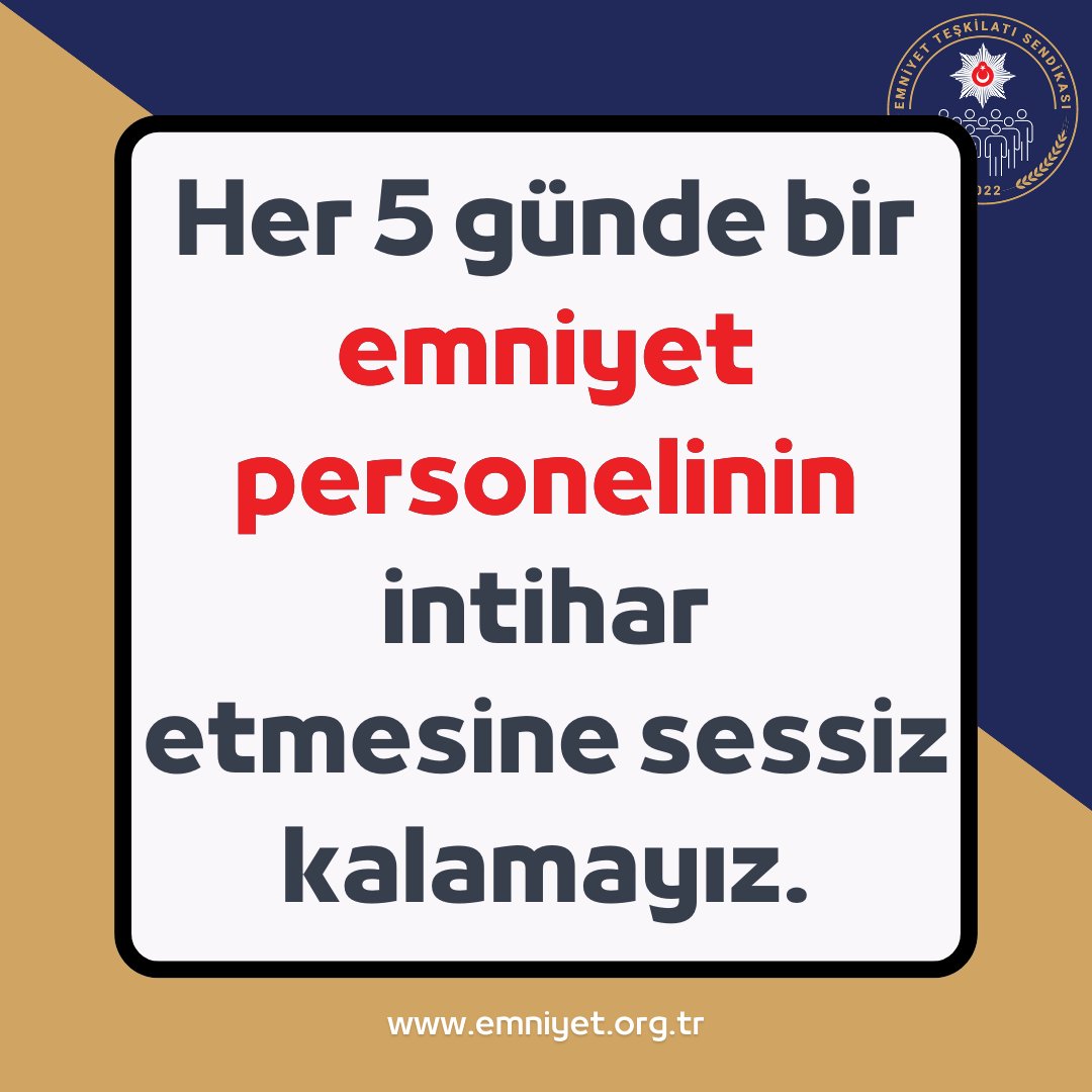 Her 5 günde 1 emniyet personelinin intihar etmesine sessiz kalamayız!

#ÖlüyoruzMerkez
<a href="/AliYerlikaya/">Ali Yerlikaya</a> 
<a href="/TC_icisleri/">T.C. İçişleri Bakanlığı</a>
<a href="/EmniyetGM/">Türk Polis Teşkilatı</a>