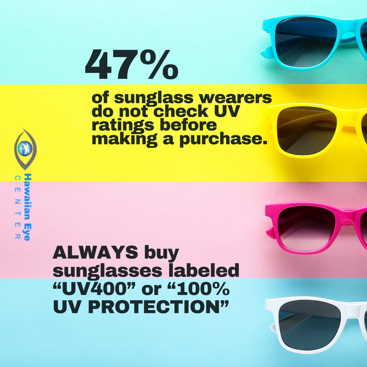 Did you know? 
47% of sunglass wearers do not check UV ratings before making a purchase. 😎
Always buy sunglasses labeled “UV400” or “100% UV Protection” to keep your eyes safe and healthy!
#HawaiianEyeCenter #HEC #EyeHealth #Hawaii #Honolulu #SunSafe #UVSafetyMonth #HECSunSafe