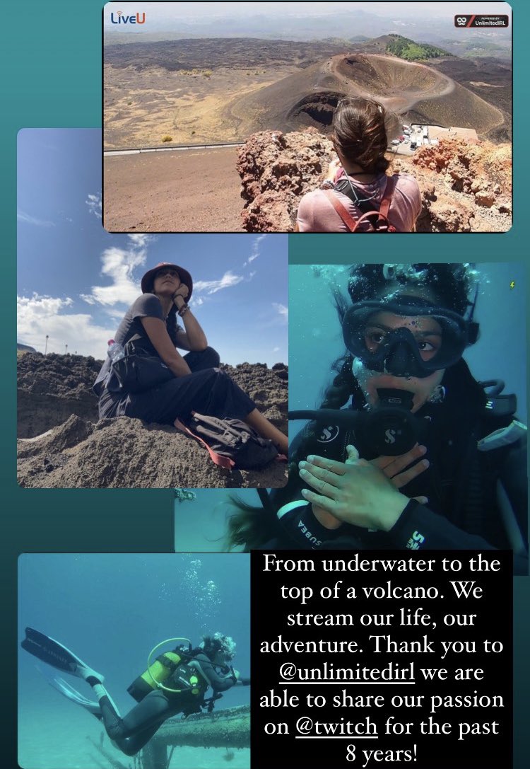 From underwater to the top of a volcano. We stream our life and our passion. 
Thank you to <a href="/UnlimitedIRL/">UnlimitedIRL</a> we can share our life on  <a href="/Twitch/">Twitch</a> for the past 8 years.
