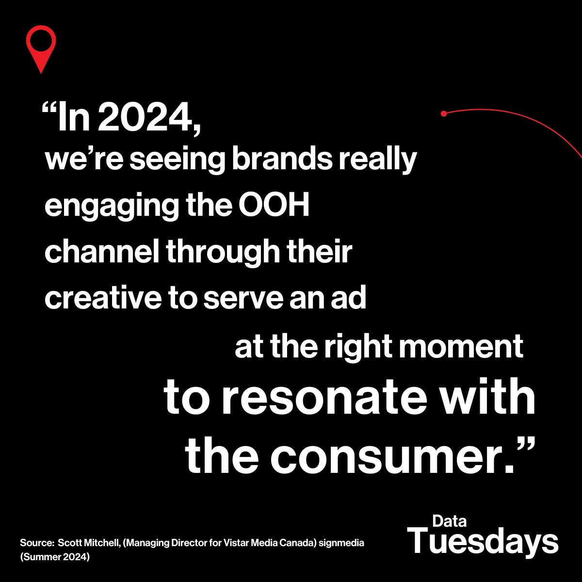 COMMBCA's tweet image. Quote from Scott Mitchell, managing director at Vistar Media Canada: 

“In 2024, we’re seeing brands really engaging the OOH channel through their creative (…) to not only help differentiate your brand, but also incorporate different messaging. 

#COMMBDataTuesdays
