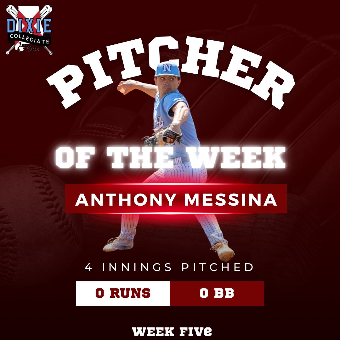 Dixie Collegiate League (@dixieclbaseball) on Twitter photo Congratulations to Anthony Messina (<a href="/AnthonyMess_4/">Anthony Messina</a>) of <a href="/BevillBaseball/">Bevill Baseball</a> on winning Week 5 Pitcher of the Week! Congratulations to Anthony Messina (<a href="/AnthonyMess_4/">Anthony Messina</a>) of <a href="/BevillBaseball/">Bevill Baseball</a> on winning Week 5 Pitcher of the Week!