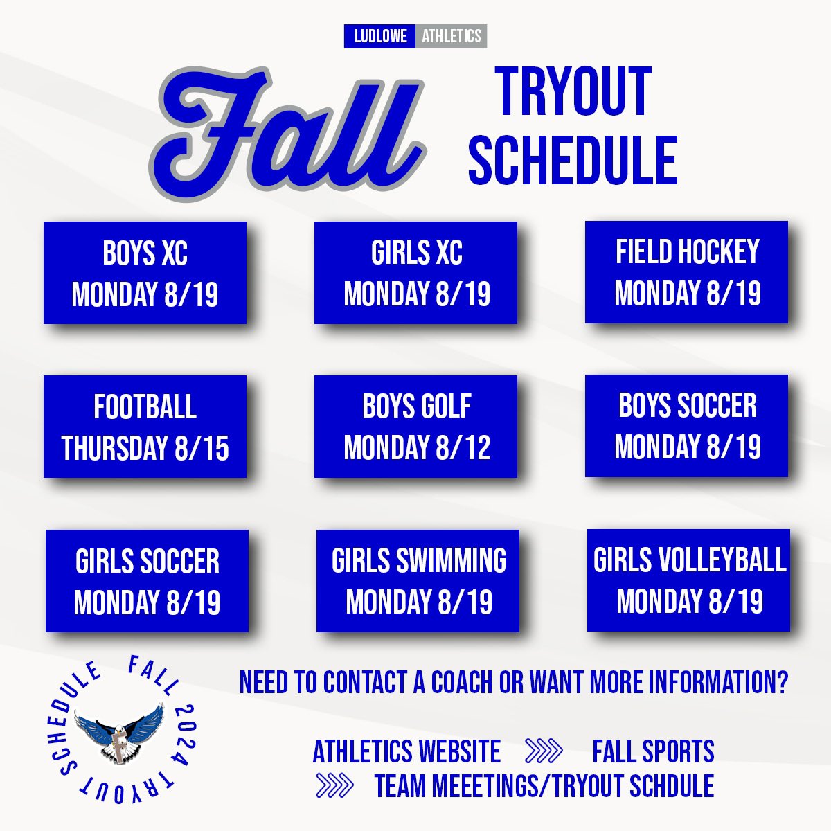 Tryouts are only a month away! Make sure you are registered on the Athletics website and have an up-to-date physical on file.