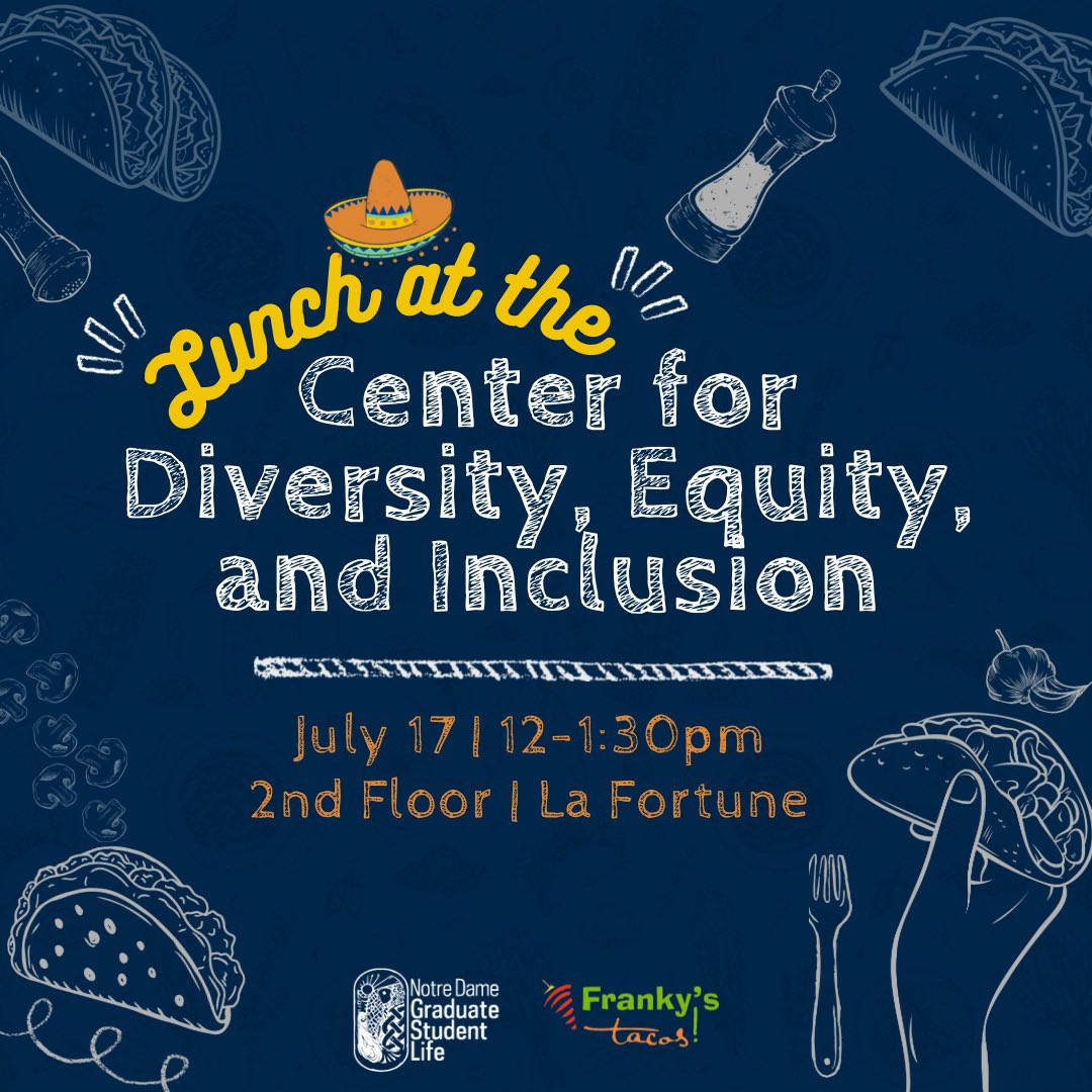 NDGradLife's tweet image. Stop by the Center for Diversity, Equity, and Inclusion to enjoy lunch from Franky’s Tacos 🌮, painting🎨, and conversation about all the Center has to offer! Please RSVP by July 15th so we have enough food!
Link in bio.