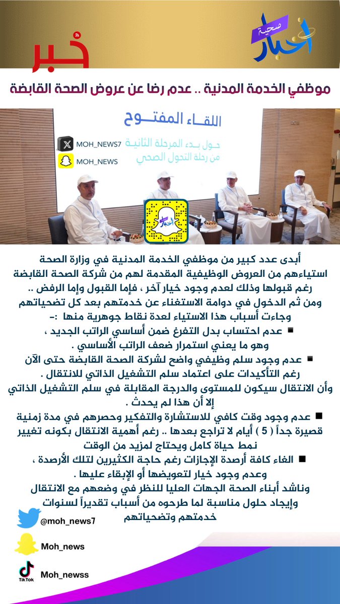 #هام 
#الصحة_القابضة 
————————
استياء كبير من موظفي الخدمة المدنية في #وزارة_الصحة 
من العروض الوظيفية المقدمة لهم من شركة الصحة القابضة رغم قبولها لعدم وجود خيار آخر ..