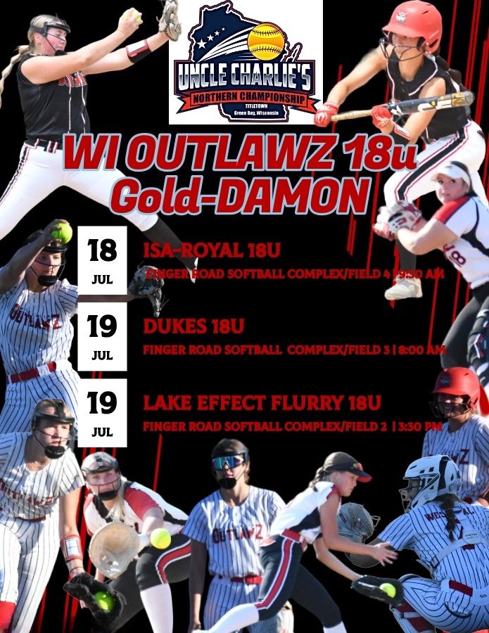 Cora Nelson (@c_nelson2025) on Twitter photo Come check us out this weekend at Uncle Charlie’s Northern Championship tournament in Green Bay! Here is our schedule: <a href="/Wisoutlawz/">Wisconsin Outlawz Fastpitch</a> <a href="/lizjagielski/">Elizabeth Jagielski</a> <a href="/GBPhoenixSB/">Green Bay Softball</a> <a href="/skubuske/">Sara Kubuske</a> <a href="/UWECSoftball/">Blugold Softball</a> <a href="/BlugoldCoachH/">Leslie Huntington</a> <a href="/UNISoftball/">UNI Softball</a> <a href="/SMUMNFastpitch/">SMUMN Fastpitch</a> Come check us out this weekend at Uncle Charlie’s Northern Championship tournament in Green Bay! Here is our schedule: <a href="/Wisoutlawz/">Wisconsin Outlawz Fastpitch</a> <a href="/lizjagielski/">Elizabeth Jagielski</a> <a href="/GBPhoenixSB/">Green Bay Softball</a> <a href="/skubuske/">Sara Kubuske</a> <a href="/UWECSoftball/">Blugold Softball</a> <a href="/BlugoldCoachH/">Leslie Huntington</a> <a href="/UNISoftball/">UNI Softball</a> <a href="/SMUMNFastpitch/">SMUMN Fastpitch</a>