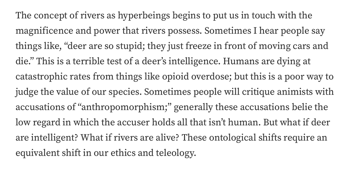 EthForestDAO's tweet photo. On the occasion of @willszal's upcoming talk, I found myself revisiting his piece on 𝑯𝙮𝒑𝙚𝒓𝙗𝒆𝙞𝒏𝙜𝒔 ( https://t.co/NTzdko3Bwi ), living correlates to Timothy Morton's hyperobjects. It's a hugely important companion/ elaboration of the Local DAO Summer & Ethereum Localism question (and here's why I think so)

Morton's hyperobjects are entities that are too big in time or space for humans to directly cognate - climate change is the famous example - and the discourse around them has often been one of dread and paralysis (climate change being the ultimate "hyperobject"). How do we get out of ourselves in order to see these giants?

Technologists have long known that perspective bias can trap builders into essentializing an engineering problem that could be solved with a different scale, language, frame - call it ontological pragmatism, a willingness to shift your foundational assumptions about a system in order to discover new ways for things to assemble & work together. 

Thinking about rivers, Will asks: "What kind of language might we use to express the relationship between the human scale and a being so colossal and mysterious as to be almost beyond our comprehension?" and in doing so asserts the need to creatively iterate on how we frame reality, in a way that honor (as we called it in "What is Ethereum Localism) "the mysterious pragmatism of the terrain." 

We 𝐧𝐞𝐨𝐭𝐞𝐜𝐡𝐧𝐢𝐜𝐬 ( https://t.co/Tri4CdKVrC ) know that the material universe is an open ended superobject- its ground character is fundamentally plural. Building for that shifting ground is an infinite game; it requires an agile, pirate empiricism and a perpetual curiosity and unsettling ( @_newcubes_ "undualing") of the categories of subjects and objects. Not to achieve truth, but to achieve enough truth to 𝒃𝙪𝒊𝙡𝒅. 

For me, the phrase "Local DAO" captures this open materialism perfectly: 

𝑳𝙤𝒄𝙖𝒍: the commitment to integrate with & attempt to see the material conditions at hand, before your eyes, without delusion. 

𝑫𝘼𝑶: the recognition that that seeing is an open ended and creative project - a social project - requiring games of extended cognition and intersubjective perception - and the assertion of the creative autonomy to organize those intersubjective games without appeal to any one regime's closed vision of what beings and objects are and can be. 

To correlate with the dynamic hyperobjects & hyperbeings that animate our world, that make up the crises and ethical stakes of our era, we are going to need to have an ontological shift about how we think of our selves. It is one that entities like @regenfoundation and @_terra0,  @block_science  @informalinc @opencivics are far along in...
💥A machinic point ( @vengist) between the practical and the imaginal. 💥 

If you need more examples, just check the schedule.

𝗟𝗼𝗰𝗮𝗹 𝗗𝗔𝗢 𝗦𝘂𝗺𝗺𝗲𝗿 is an experiment in 𝗽𝗿𝗮𝗴𝗺𝗮𝘁𝗶𝘀𝘁 𝗼𝗻𝘁𝗼𝗹𝗼𝗴𝘆. 

𝑨𝒓𝒆 𝒚𝒐𝒖 𝒓𝒆𝒂𝒅𝒚, 𝒂𝒏𝒐𝒏?

Check out @willszal 's event tomorrow, and subscribe to the LDS Calendar here: https://t.co/ljyCTZcD50

And check out the living schedule here: https://t.co/IIxgdWfCTl

(Guest post from @exeuntdoteth 🌱)