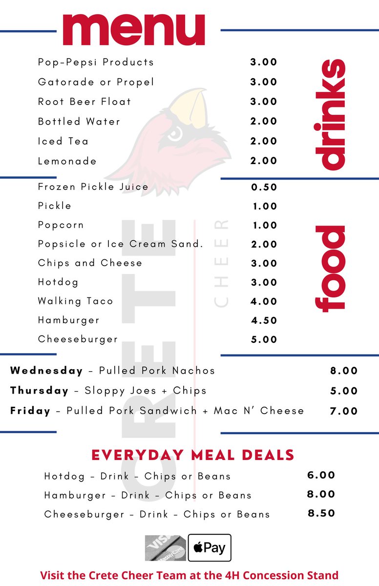 CreteCheer's tweet image. CRETE CHEER will be at the SALINE COUNTY FAIR!! We will be located at the 4H Concessions stand in the middle of the fair grounds! We will be there Wednesday starting at 4pm thru Sunday evening! Look @ the menu, come get some great food while helping support your local cheer team!
