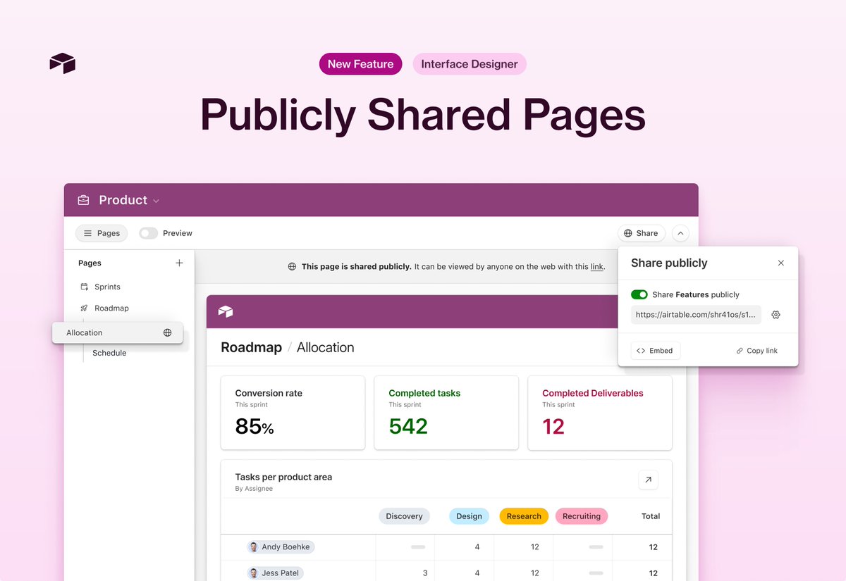 🚨 New features alert 🚨

We’re rolling out the ability to share specific Airtable pages publicly in a read-only format! This new feature will allow you to share interface pages with external collaborators who are not part of your organization.

Learn more ow.ly/j9FV50SCC7C