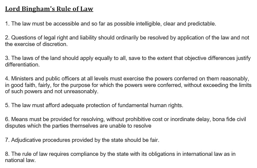ContractorCalc's tweet image. Eight principles of the rule of law, as per Lord Bingham's lecture in 2006. Which ones of those have possibly been breached by #loancharge or #ir35 and/or other measures?

Full lecture here: 
cpl.law.cam.ac.uk/sir-david-will…

"My fifth sub-rule is that means must be provided for