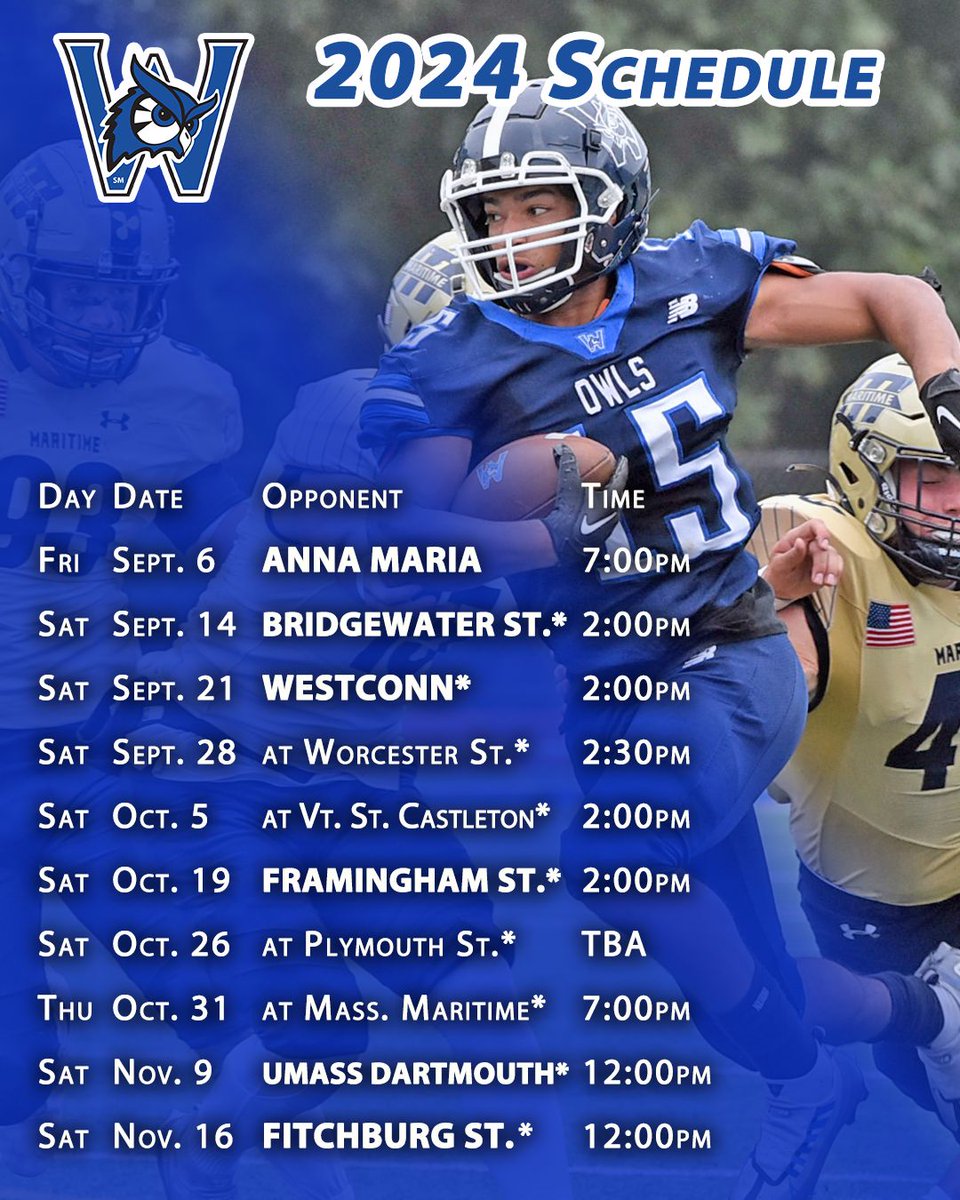 WestfieldOwls's tweet image. Owls football kicks off the 2024 regular season campaign with three straight home games, beginning against Anna Maria on Friday night at 7:00pm under the lights from Alumni Field in Westfield, Mass.! #LetsGoOwls #d3fb