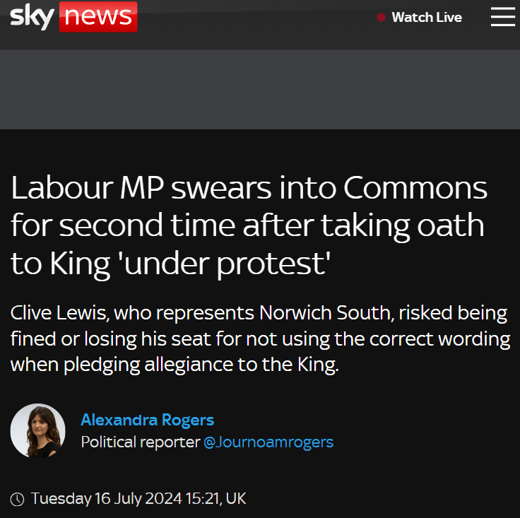 How we can call ourselves a "democracy", if an elected MP can lose their seat, if they don't swear unconditional allegiance to an unelected royal?

Democracy comes from the ancient Greek: "People power". Not "Bend the knee"!

Clive Lewis should not have been put in that position!