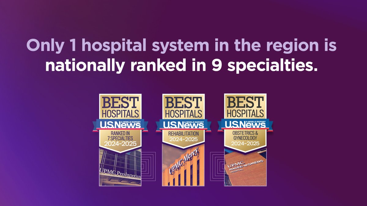 .<a href="/UPMC/">UPMC</a> is the only hospital system in the region to be nationally ranked in 9 specialties in the newly released <a href="/usnews/">U.S. News & World Report</a> 2024-25 "Best Hospitals" rankings and ratings. View the full list of recognitions for our <a href="/UPMC/">UPMC</a> hospitals here ➡️ go.upmc.com/2885k4-A2