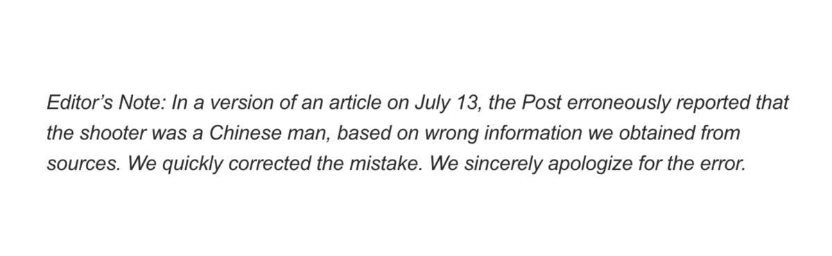 Breaking: After mounting pressure from Asian Americans — including community organizations, elected officials, and thousands of everyday advocates — the @NYPost has published an official retraction notice and apology for misreporting that Trump’s shooter was a Chinese man.