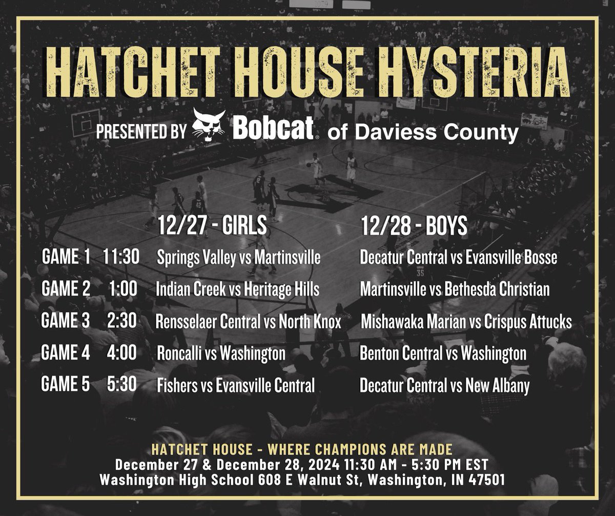 A big high school basketball boys and girls event will take place next year in the Wabash Valley. Several top teams and players will take place in the inaugural Hatchet House Hysteria presented by Bobcat of Daviess County. The games will run December 27th and 28th.