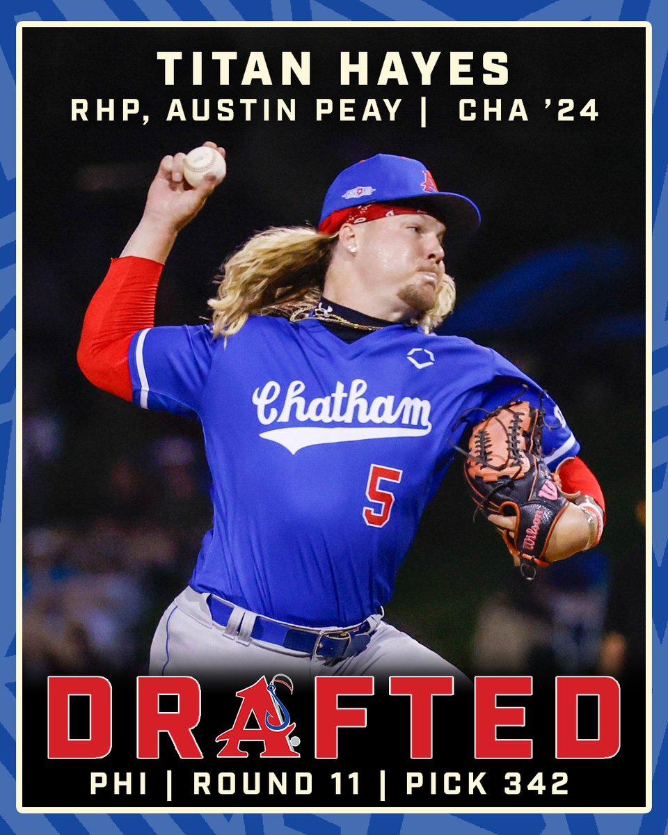 The <a href="/Phillies/">Philadelphia Phillies</a> select Titan Hayes (Chatham ’24) with the 342nd pick in the 2024 MLB Draft.

The <a href="/GovsBSB/">Austin Peay Baseball</a> pitcher notched three saves for the Anglers this summer, striking out 12 hitters in 6.2 IP without allowing an earned run.