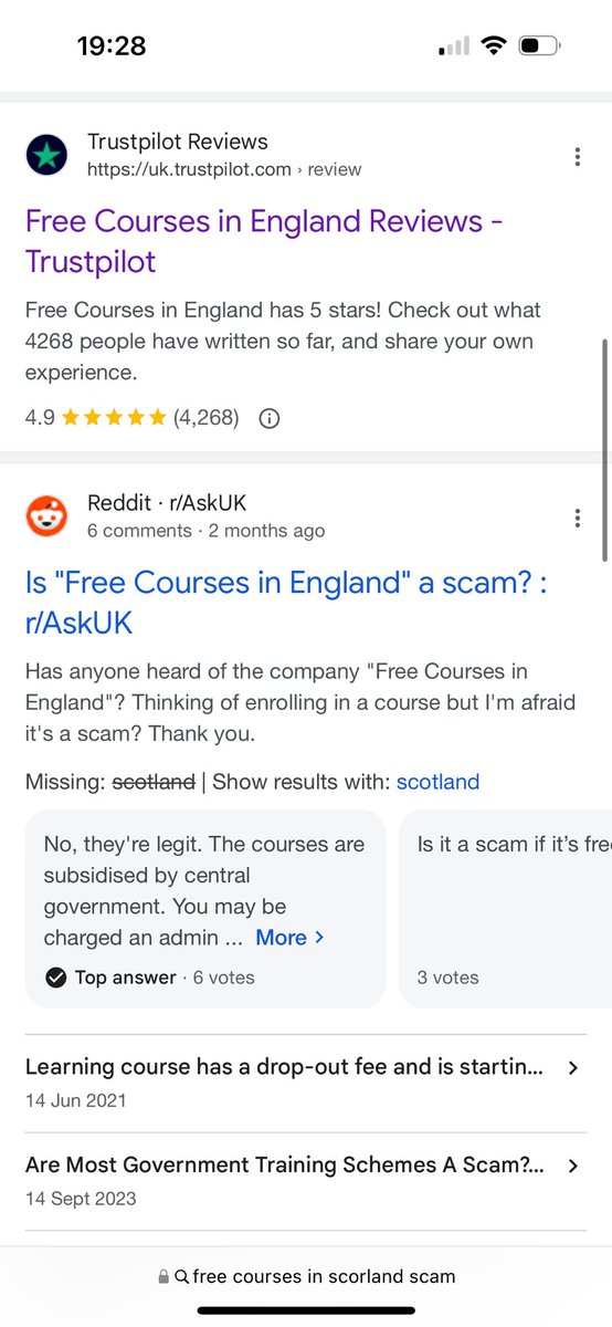 Is this a scam? Sponsored ads and website claiming to give free ‘courses’ in Scotland. Not much info on how they’re delivered, and apparently they’re funded by @ESFAgov UK Gov. Prev account seems inactive <a href="/FREEcoursesScot/">free courses in scotland</a> &amp; linked to legit English scheme. FYI <a href="/JennyGilruth/">Jenny Gilruth</a>