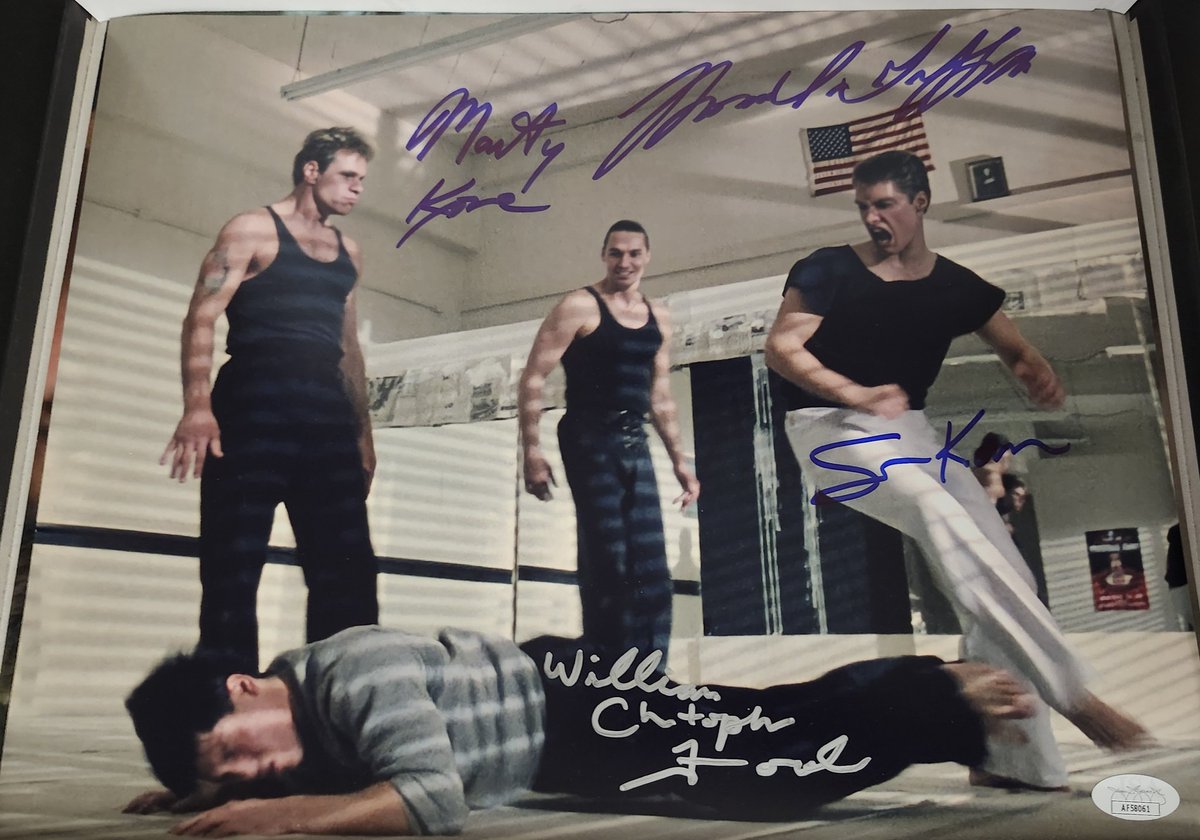 kooltoysgames's tweet photo. #KarateKid 3 11x14 photo #autographed by @tigianpage Thomas Ian Griffith (Terry Silver), @seankanan (Mike Barnes), Martin Kove (John Kreese) &amp; William Christopher Ford (Dennis). Took me 2 years to complete. JSA authenticated 

#itemsforsale #memorabilia #cobrakai #netflix https://t.co/b9NP63cXi4