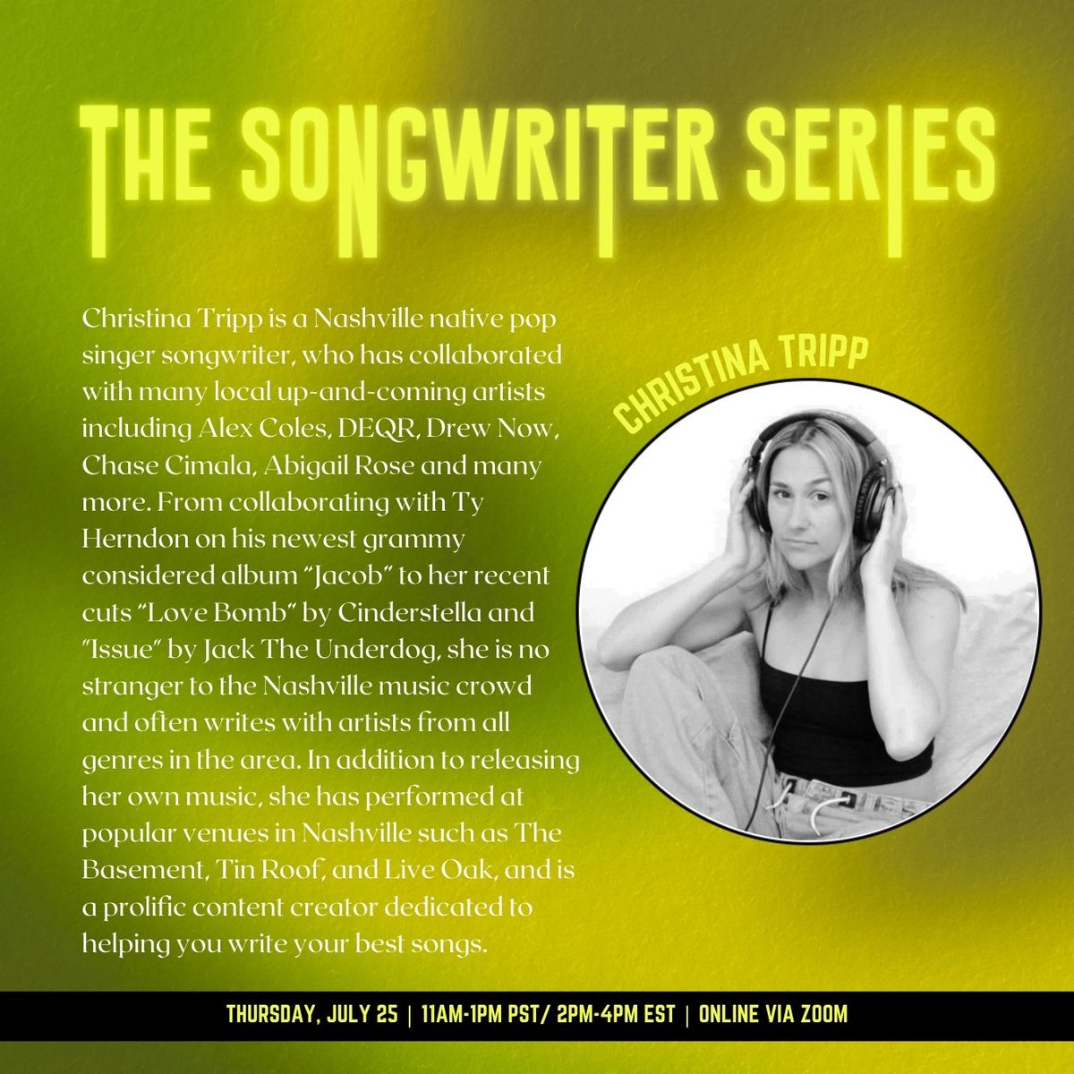 📣Songwriters! Meet Your Mentor! Christina Tripp at The Songwriter Series on July 25th online via zoom (11am-1pm PST)⚡️

️✨There will be a Q&amp;A, mentoring session + a “Listen to My Demo” 🎧 session to get feedback on your songs ✍🏻 

🖥️ Venue: Zoom 
RSVP: eventbrite.com/e/the-songwrit…