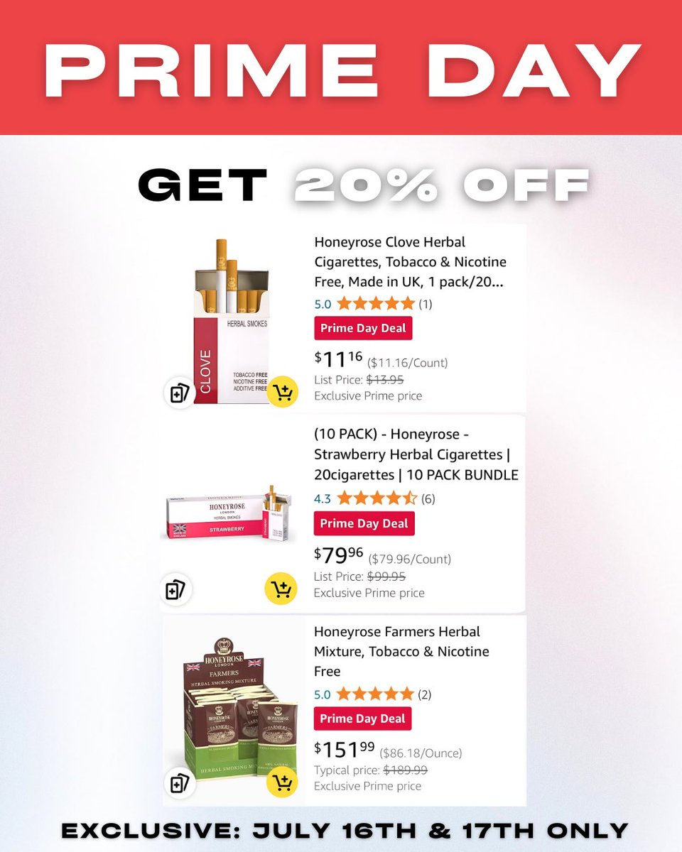 HoneyroseUSA's tweet photo. 🌟 Prime Day Deal Alert: 20% OFF Honeyrose Herbal Cigarettes! 🌟We're thrilled to announce an exclusive #PrimeDay deal you won't want to miss!

➡️Clove: https://t.co/OfwoQfYZ44
➡️Strawberry Carton: https://t.co/sJe444LDWo
➡️Herbal Mixtures Carton: https://t.co/FkE50JgQga https://t.co/3FB3axcQwJ