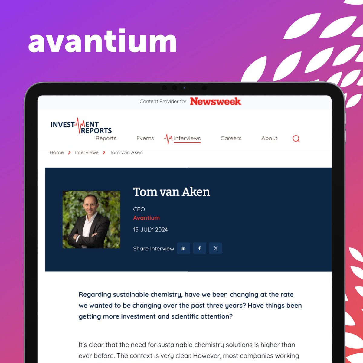Avantium (@avantium) on Twitter photo Check out the latest interview with our CEO, <a href="/tomvanaken/">Tom van Aken</a>, where he shares with Investment Reports how Avantium went from a sustainable chemistry concept to commercial reality. š± investmentreports.co/interview/tom-⦠#recycling #circulareconomy Check out the latest interview with our CEO, <a href="/tomvanaken/">Tom van Aken</a>, where he shares with Investment Reports how Avantium went from a sustainable chemistry concept to commercial reality. š± investmentreports.co/interview/tom-⦠#recycling #circulareconomy