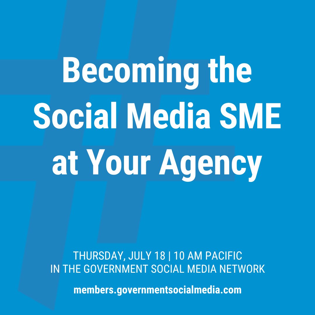 GovernmentSM's tweet photo. Join us in the free GSM Network for #GSMChat this Thursday, July 18! In this text-based, interactive chat we’ll explore strategies to elevate your role from a social media staffer to the recognized social media expert within your agency.
RSVP: https://t.co/6wqefenA48 https://t.co/Hg2fb13L88