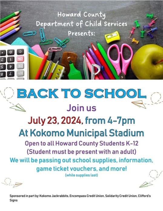 KSC Families: Our friends of Howard County, together with the Kokomo Jackrabbits, are hosting a special Back-to-School event🎒📚

Mark your calendars for July 23rd from 4-7pm, where you'll have the opportunity to receive FREE school supplies at Kokomo Municipal Stadium.