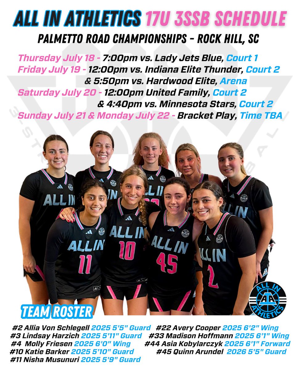 ALL IN Elite Girls 3SSB (@aiaelitegirls) on Twitter photo ALL IN 17U 3SSB Schedule for the <a href="/3SSBGCircuit/">3Stripes Select Basketball Girls Circuit</a> Championships in Rock Hill, SC! This roster is loaded with talent, don’t miss out! <a href="/aiathletics/">ALL IN Athletics</a> ALL IN 17U 3SSB Schedule for the <a href="/3SSBGCircuit/">3Stripes Select Basketball Girls Circuit</a> Championships in Rock Hill, SC! This roster is loaded with talent, don’t miss out! <a href="/aiathletics/">ALL IN Athletics</a>