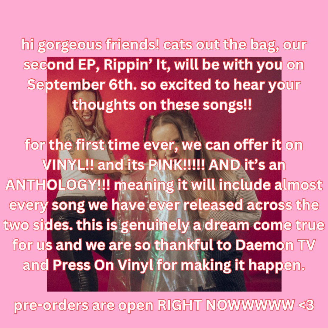 bigfatbig_'s tweet photo. our second EP, Rippin’ It, will be available everywhere via @daemon__tv September 6th 🥹

PRE-ORDER HERE: https://t.co/T8zwFhT92O https://t.co/wP163gXU2n