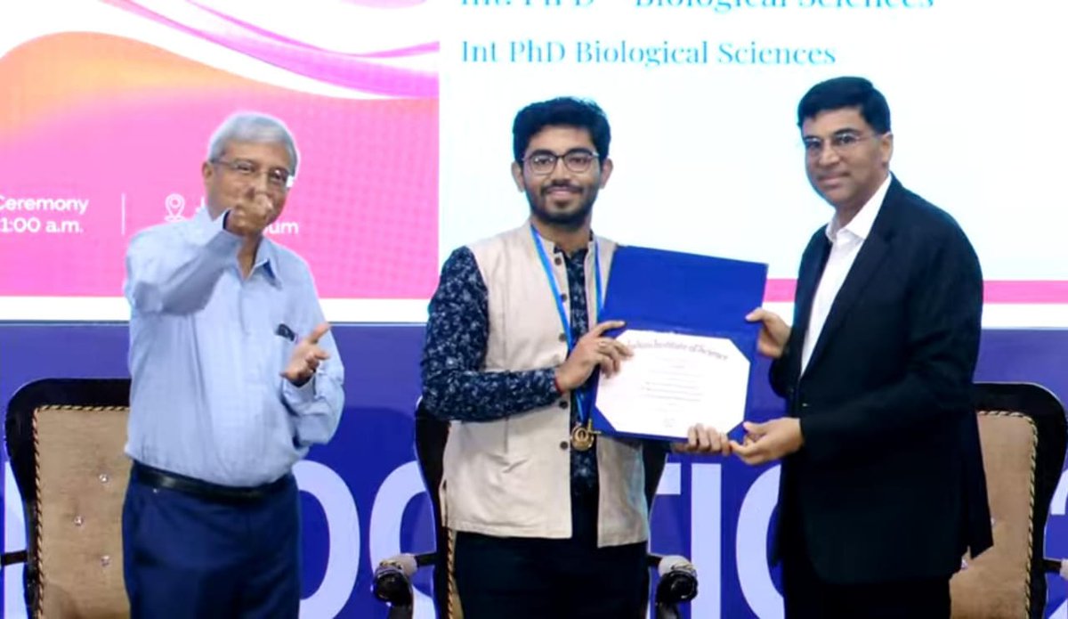 Padmanava8234's tweet photo. A moment of great honor to receive the prestigious Dr R K Maller Memorial Gold Medal for excellence in academic proficiency during Masters Research (M.S.) in Biological Sciences, from Hon'ble Shri Viswanathan Anand, @vishy64theking, the Chief Guest of the IISc Convocation 2024! https://t.co/fqG9zZliau