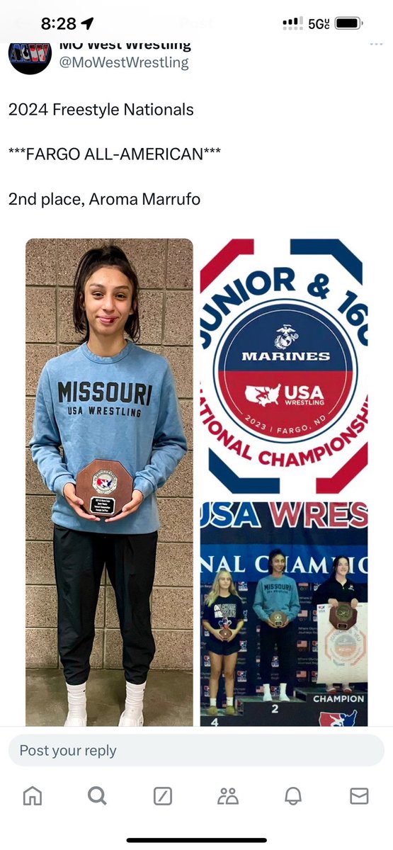 Kylie and Aroma finished up a solid tournament Sunday evening at Fargo.  Aroma Marrufo became the second girl Fargo finalist in Fort Osage history after Haley Ward (2019).  She finishes her high school freestyle career as a two-time Fargo All-American.  Good work Ladies!