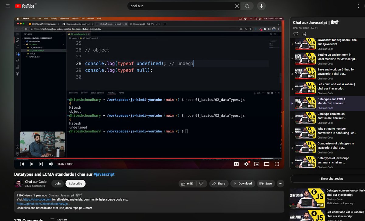 theCodeMaker_7's tweet image. #Day5🔥 Dive into JavaScript datatypes &amp;amp; ECMA standards with Chai aur Code!💻

💡Discover the evolution of JavaScript and why syntax &amp;amp; readability matter! 
#javascript #LearnInPublic #Coding #code #LearningJourney #letsconnect