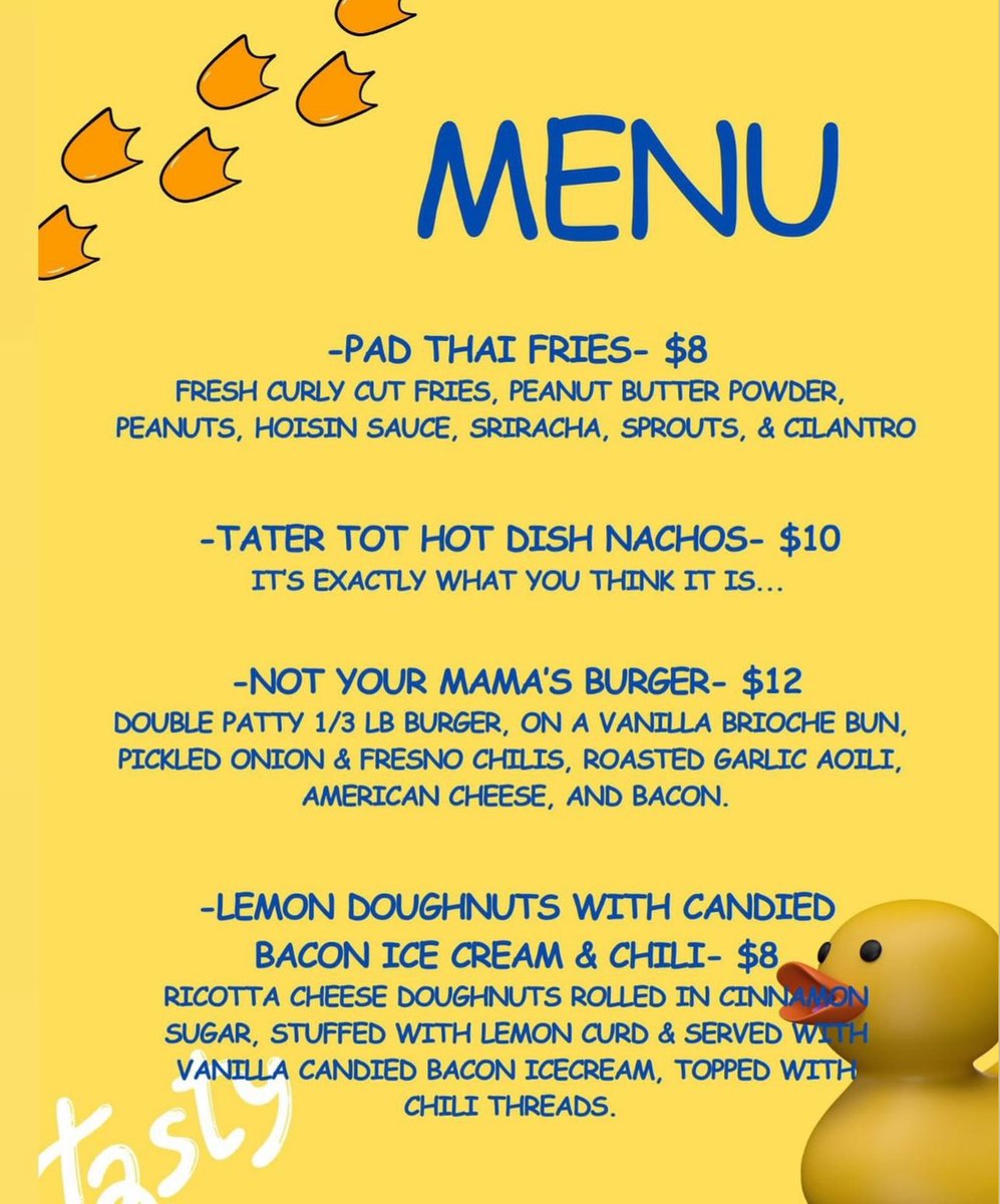 HaroldsOnMain's tweet photo. 🐥🐥🦆DUCK DUCK GOOSE FOOD CO Food Truck with us today (Tuesday), Wednesday, and Thursday 4-10pm! come get smash burgers, pad thai fries, tater tot nachos, and a lemon ice cream donut desert! 🤤 https://t.co/n4YvqvKHIs