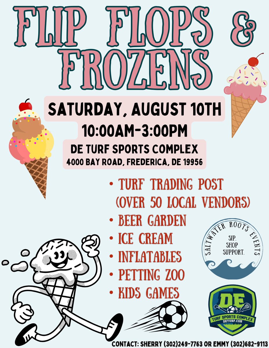 DE Turf (@de_turf) on Twitter photo Come out to DE Turf on August 10th for our first ever Flip Flops & Frozens event featuring the Turf Trading Post!
Turf Trading Post
Beer Garden
Ice Cream
Inflatables
Petting Zoo
Kids Games
To register a table at the Turf Trading post call 302-249-7763 or email bonnie@deturf.com Come out to DE Turf on August 10th for our first ever Flip Flops & Frozens event featuring the Turf Trading Post!
Turf Trading Post
Beer Garden
Ice Cream
Inflatables
Petting Zoo
Kids Games
To register a table at the Turf Trading post call 302-249-7763 or email bonnie@deturf.com