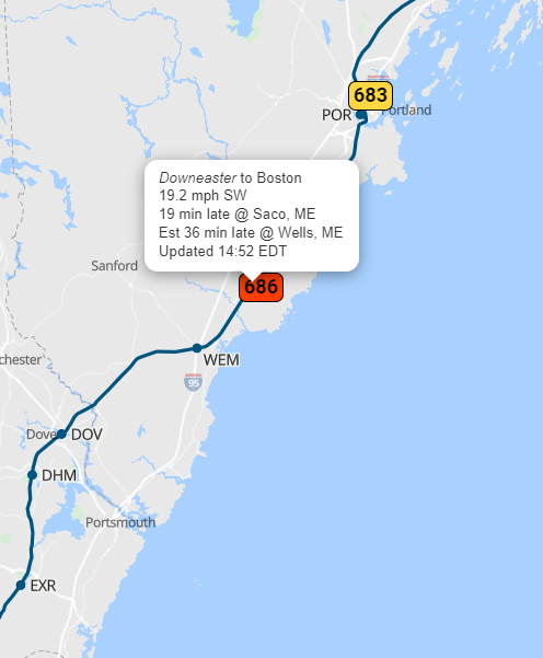 AmtrakStatus's tweet image. Train 686 Downeaster is running approximately 36 minutes late. #Amtrak #Downeaster #Train686 🚄 "Track Your Train 🚂 #TrainRealTime Stay on top of your journey with real-time updates x.com/AmtrakStatus