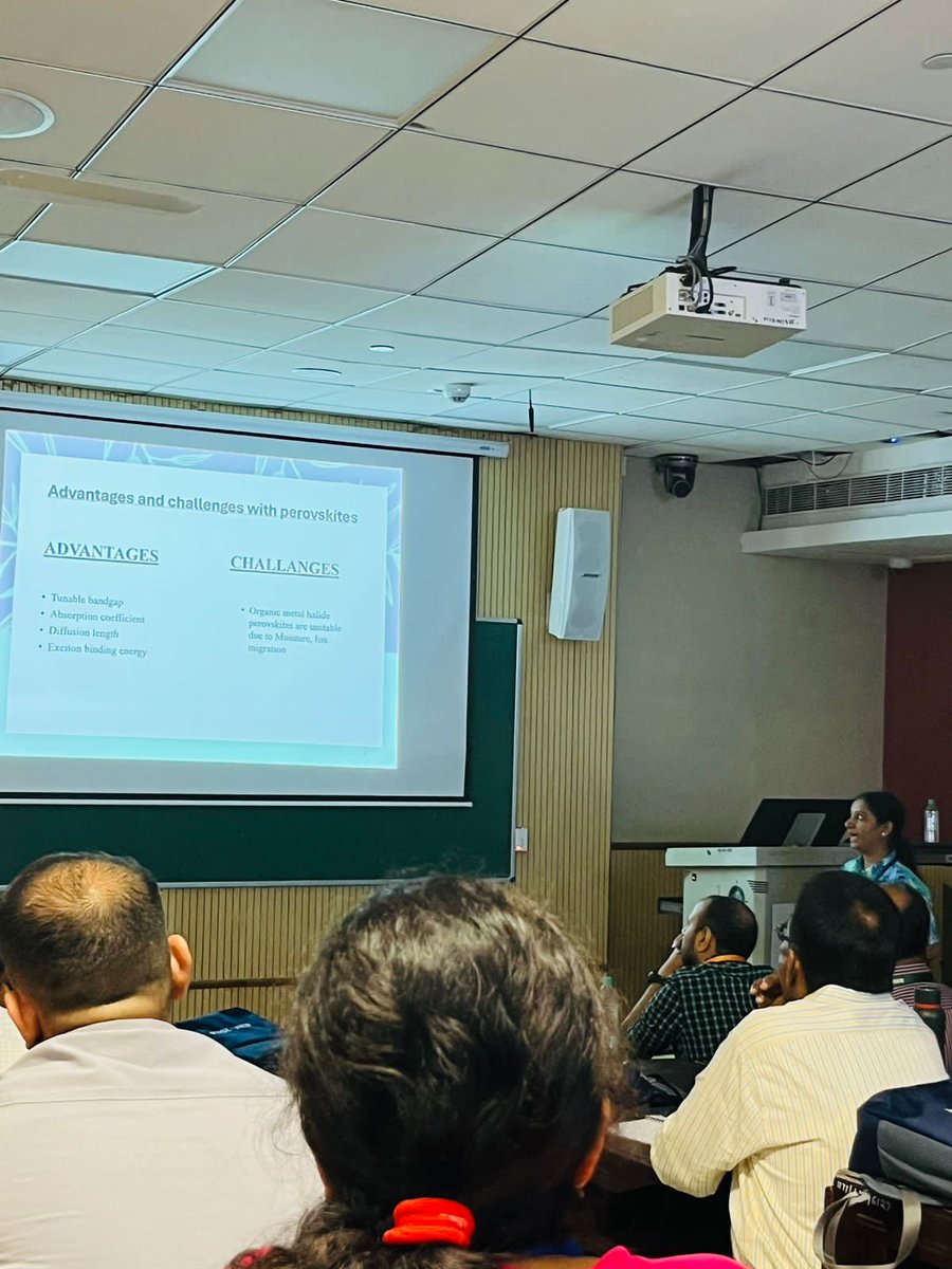 DepartmentofPh7's tweet photo. We are here to acknowledge the achievement of one of our scholars, Ms. K. M. Sakshi. 
Ms. Sakshi presented her recent research work on 'Enhancing the stability of Perovskite through spacer cation incorporation for application in solar cells' in E2M conference. https://t.co/l1KurLZpAF