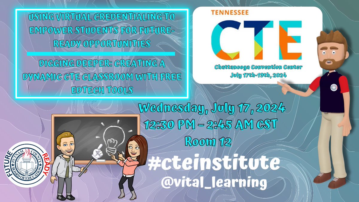 So excited to have a chance to add to already great sessions and to present at #CTEInstitute with <a href="/Jackie_Vester/">Jackie Vester</a>. Come join our back-to-back sessions and learn about virtual credentialing and how to build content with free EdTech Tools.