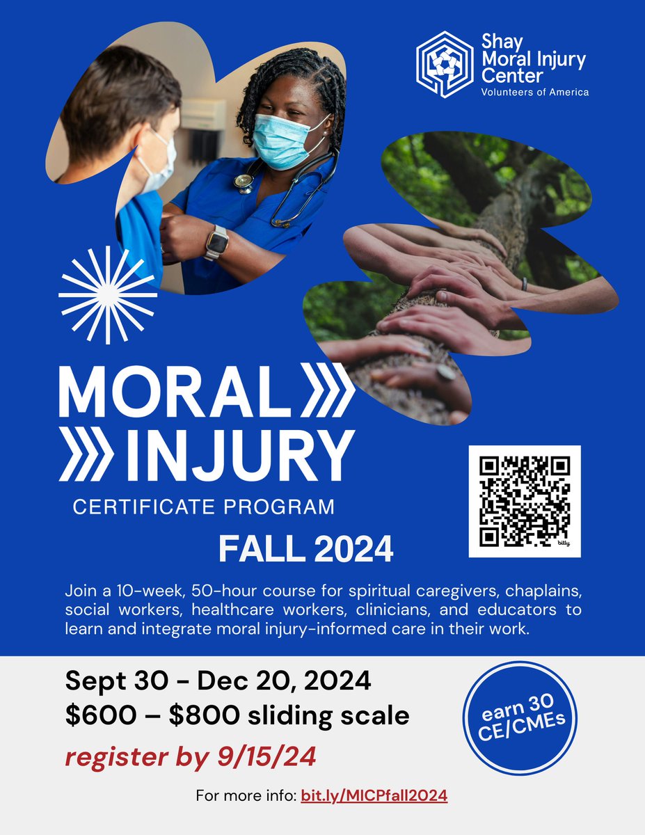 Register for our Moral Injury Certificate Program's Fall 2024 Session! Course fees will increase in 2025, so this is a good time to register if you're interested: bit.ly/MICPfall2024