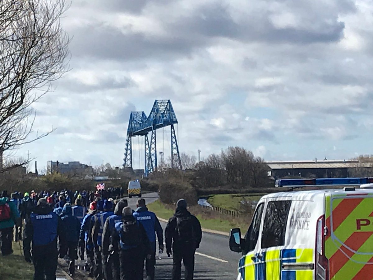 MackemFox's tweet photo. @EuropeanUnity1 The picture of the gammon gaggle (long since abandoned by Farage) on the
#gammonballrun marching bravely to the Tees transporter bridge on the Sunday (it is closed Sundays).... bliss...https://t.co/0sEUcM0G2c https://t.co/nQWk7P41kB