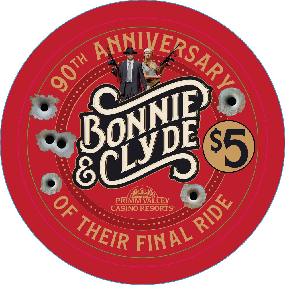 PrimmValley's tweet image. Calling all casino chip collectors! 📣 Head over to Buffalo Bill's Casino for a piece of history with our exclusive Bonnie and Clyde 90th anniversary $5 chip. Available at the casino cashier. Don't miss out! 🕵‍♂💵 #CollectorAlert #BonnieAndClyde