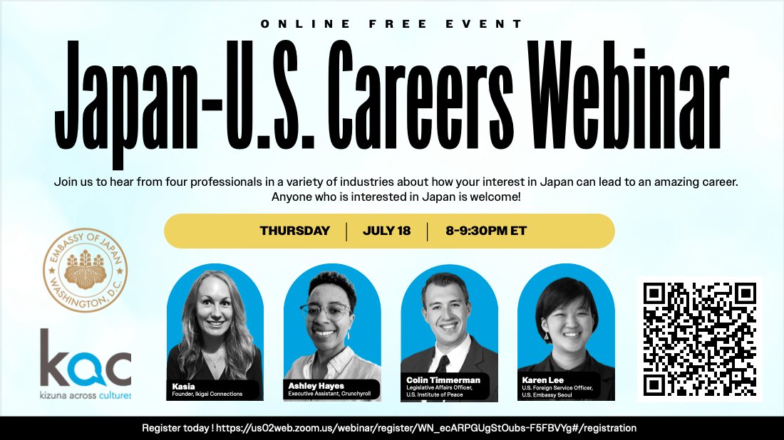 Gilman Program (@gilmanprogram) on Twitter photo Interested in 🇯🇵-🇺🇸 careers?
Join <a href="/JapanEmbDC/">Japan Embassy DC🌸</a> & <a href="/KACultures/">KizunaAcrossCultures</a> for an insightful webinar on career paths that align with a passion for Japan! The webinar is free, but registration is required: us02web.zoom.us/webinar/regist…
#gilmanscholarship #exchangeourworld Interested in 🇯🇵-🇺🇸 careers?
Join <a href="/JapanEmbDC/">Japan Embassy DC🌸</a> & <a href="/KACultures/">KizunaAcrossCultures</a> for an insightful webinar on career paths that align with a passion for Japan! The webinar is free, but registration is required: us02web.zoom.us/webinar/regist…
#gilmanscholarship #exchangeourworld
