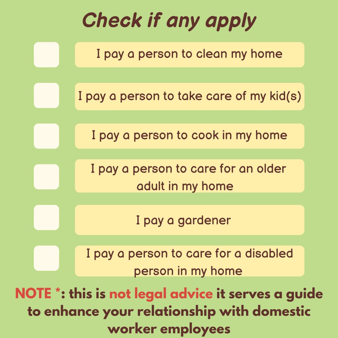 mujeres_idepsca's tweet photo. Am I a Domestic Worker Employer? 🤔 Understanding your role and responsibilities is the first step to making your home a safe and dignified workplace. Let’s commit to being fair employers! Please note, this is not legal advice. 🌟 #fairemployment #safeworkplace #domesticworkers https://t.co/0JCvsKY0jU
